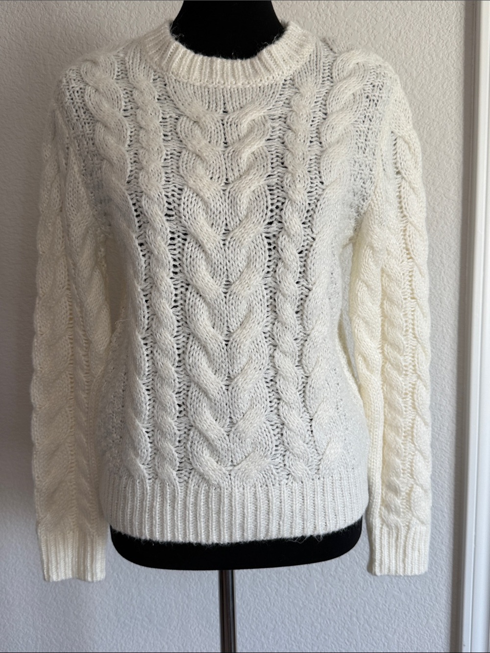 Blue Rain Cream Cable Knit Crewneck Sweater